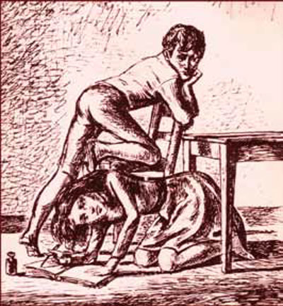 Niño con un pie sobre una silla, observa a una niña que lee bajo la mesa.