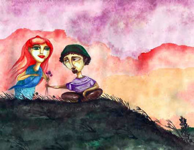Ilustración de una pareja en las montañas.