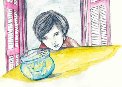 Ilustración de un niño observando una pescera