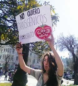 Manifestante con pancarta ''No quiero transgénicos Monsanto''