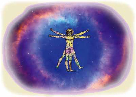 Hombre de Vitruvio proyectado sobre el cosmos.